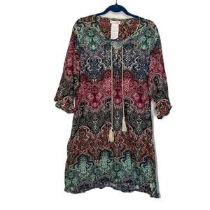 Odd Molly Patterned Ruffle Peasant Colorful Tunic Dress Size 3/4